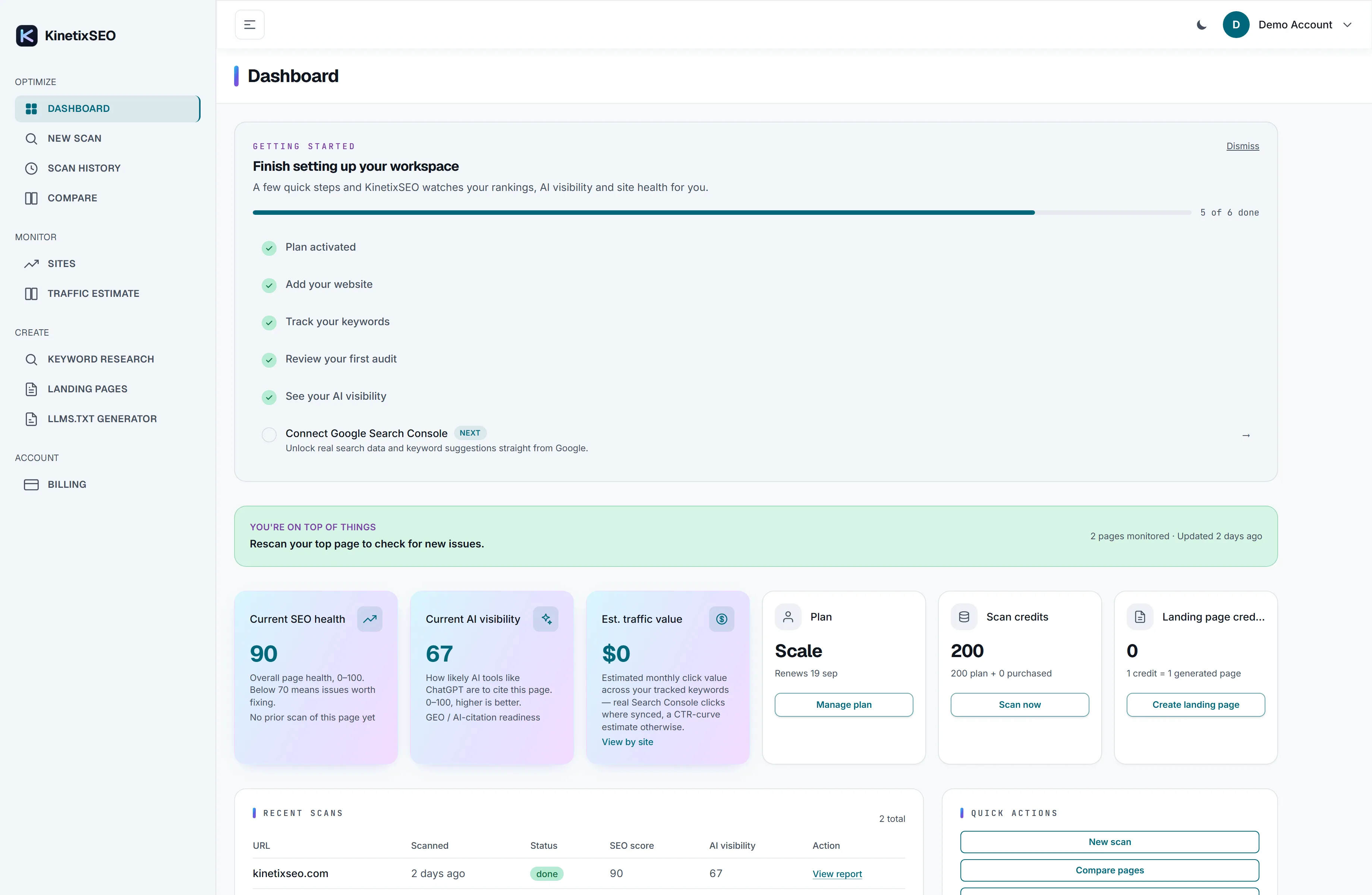 The KinetixSEO dashboard showing SEO Health Score and GEO Readiness Score for a site