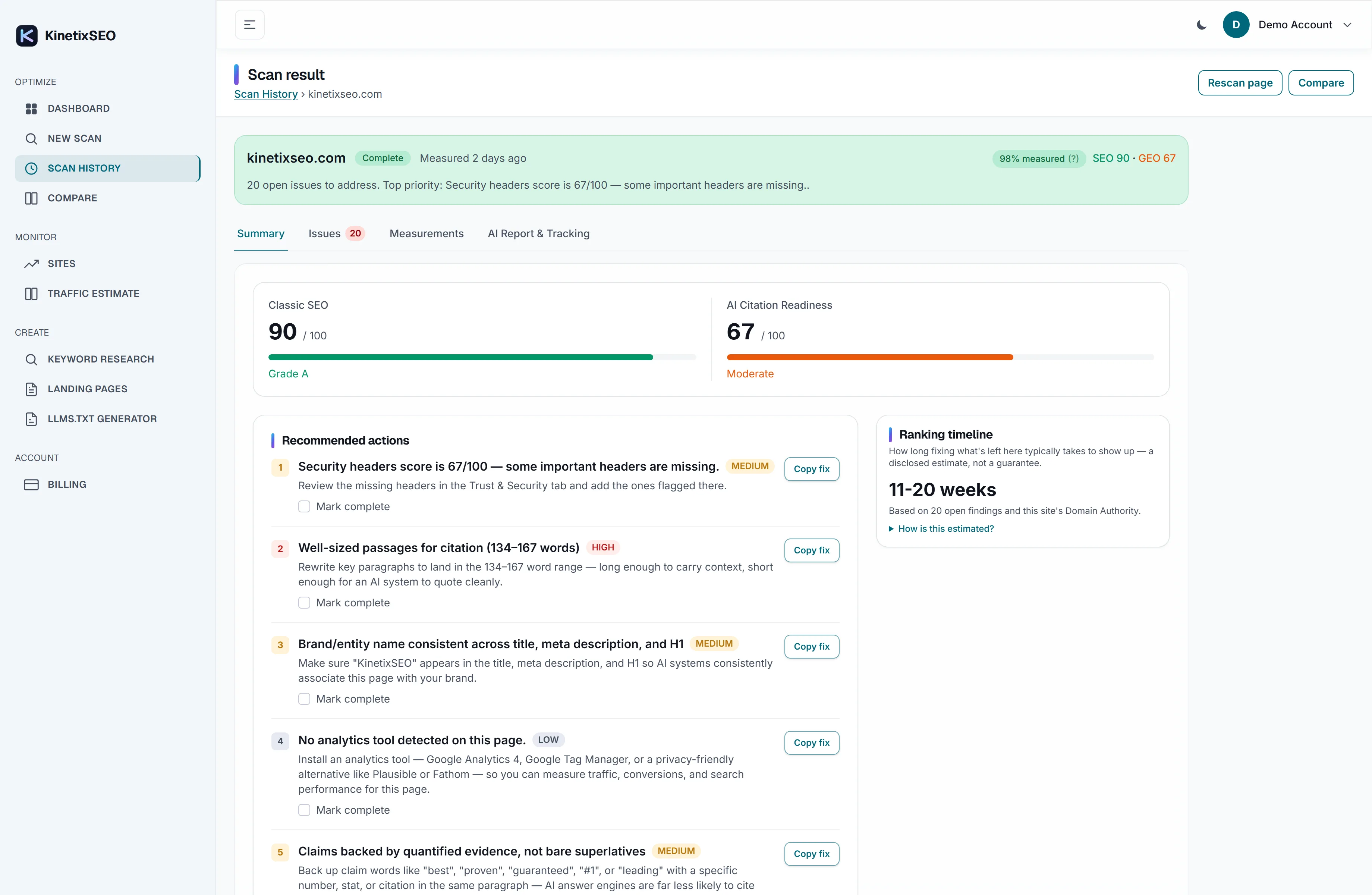 A ranked SEO finding from a KinetixSEO audit, showing impact vs. effort scoring and a ready-to-use fix