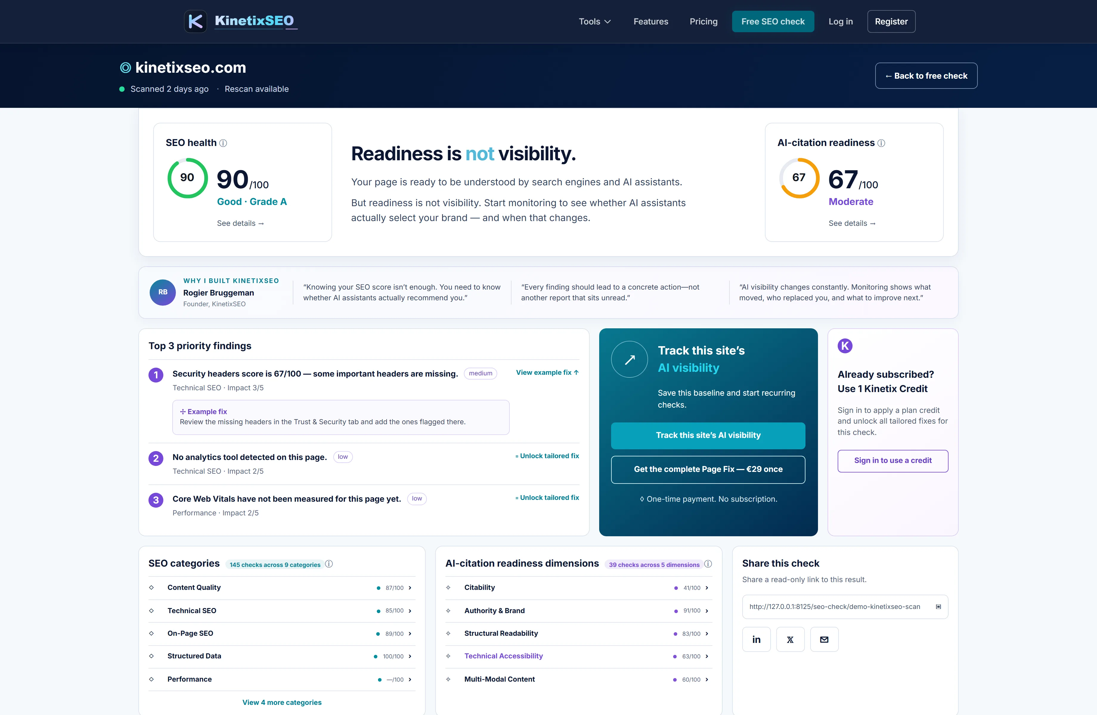 The free AI Visibility Checker result: an AI Visibility Readiness score next to the Google SEO health score